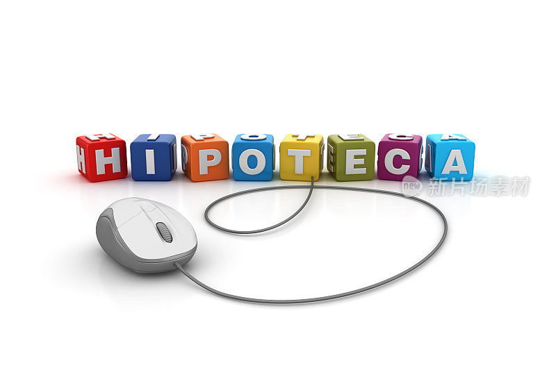 HIPOTECA流行语立方体与计算机鼠标-西班牙语单词- 3D渲染